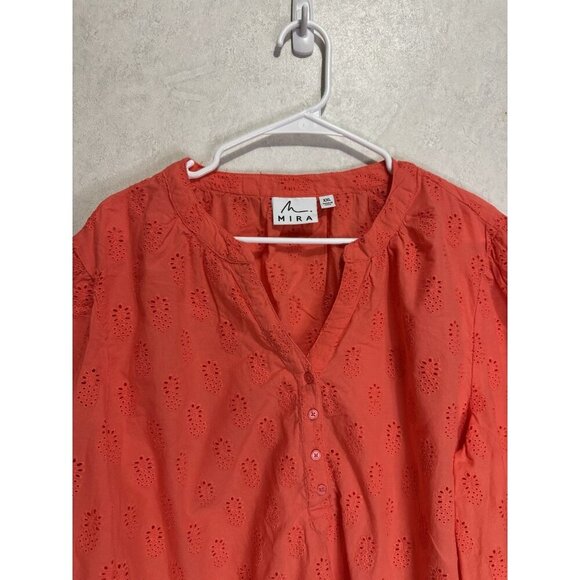 MIRA Orange Red Pineapple Eyelet Blouse Top VNeck Popover Spring Casual 2XL - Picture 6 of 8